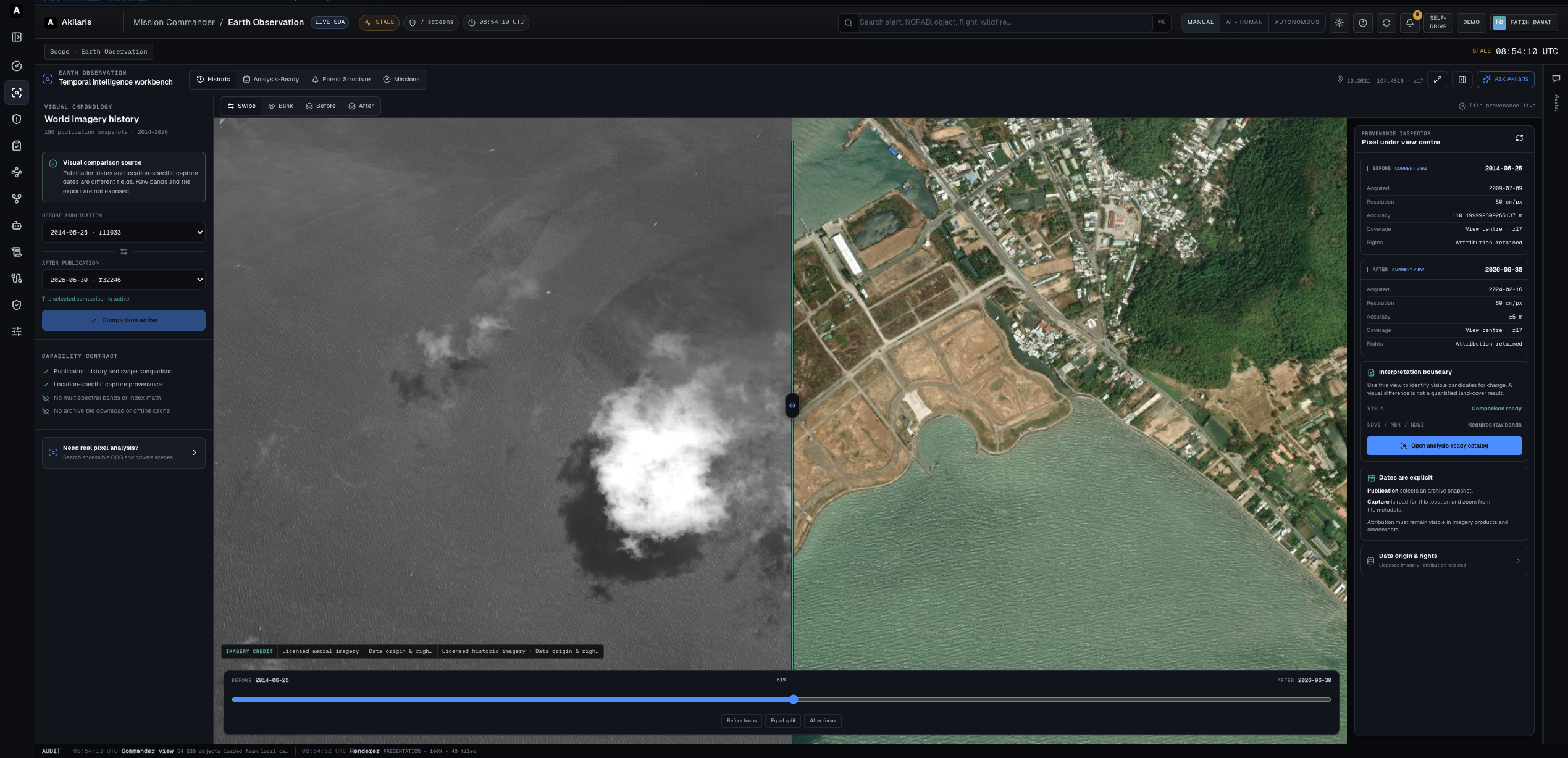 Earth-Observation-Arbeitsbereich mit zeitlichem Vorher-Nachher-Vergleich